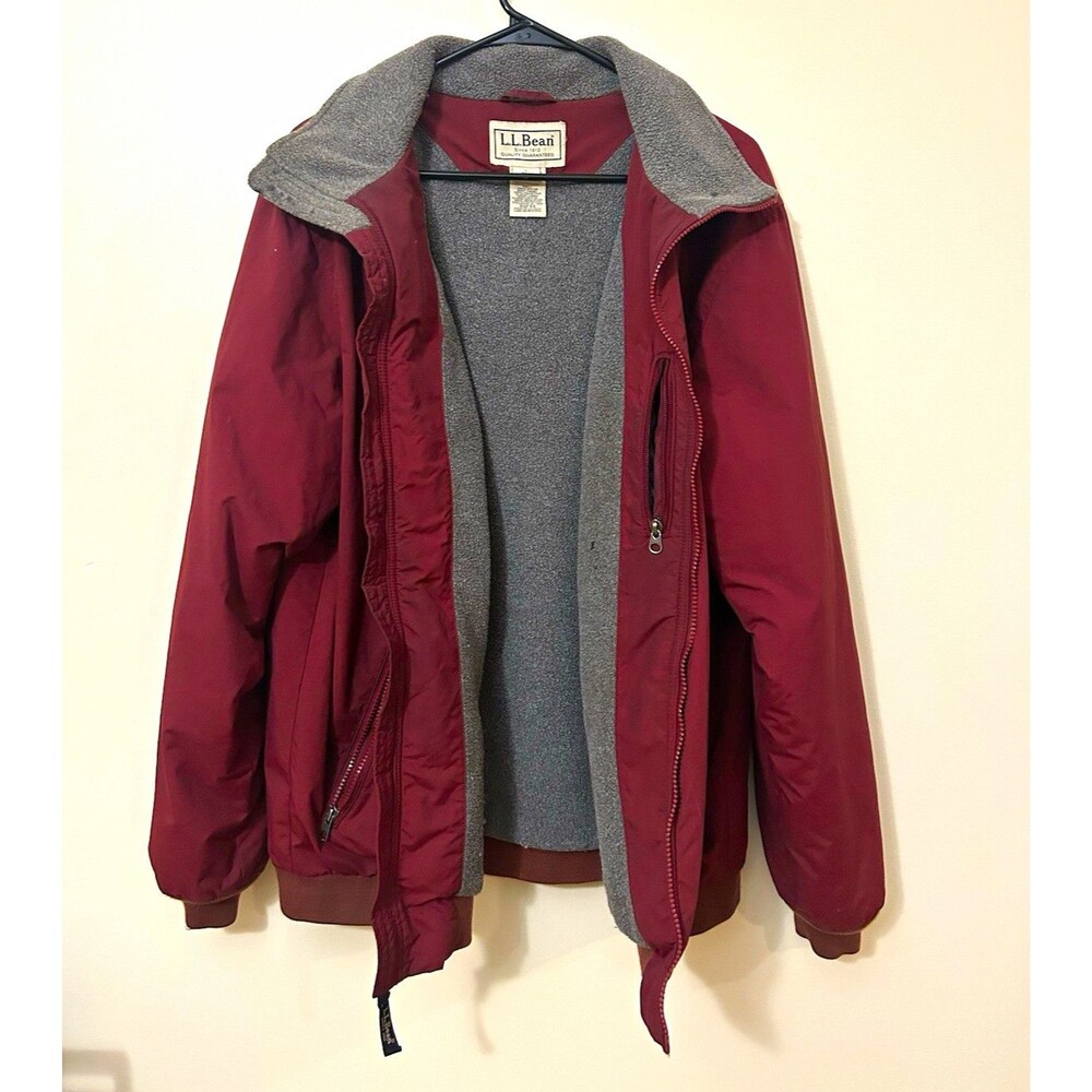 VINTAGE L.L.Bean Men's L Burgundy Nylon Lined Full Zip Jacket Stand Collar